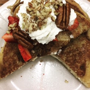 Delicious French Toast stuffed with cream cheese and pecans was plated by David V. 